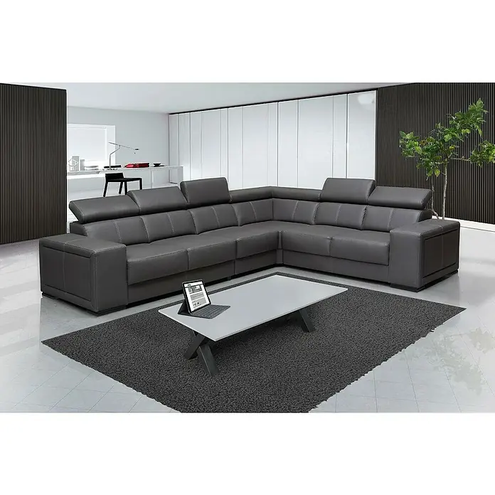 Tischbein - 38,4 x 10 x 42,2 cm, Metall, 2 Stk. - Graues Ecksofa aus Leder mit verstellbaren Kopfstützen und einem weißen Couchtisch auf einem grauen Teppich. Zeitgemäßes Design für Ihr Wohnzimmer.