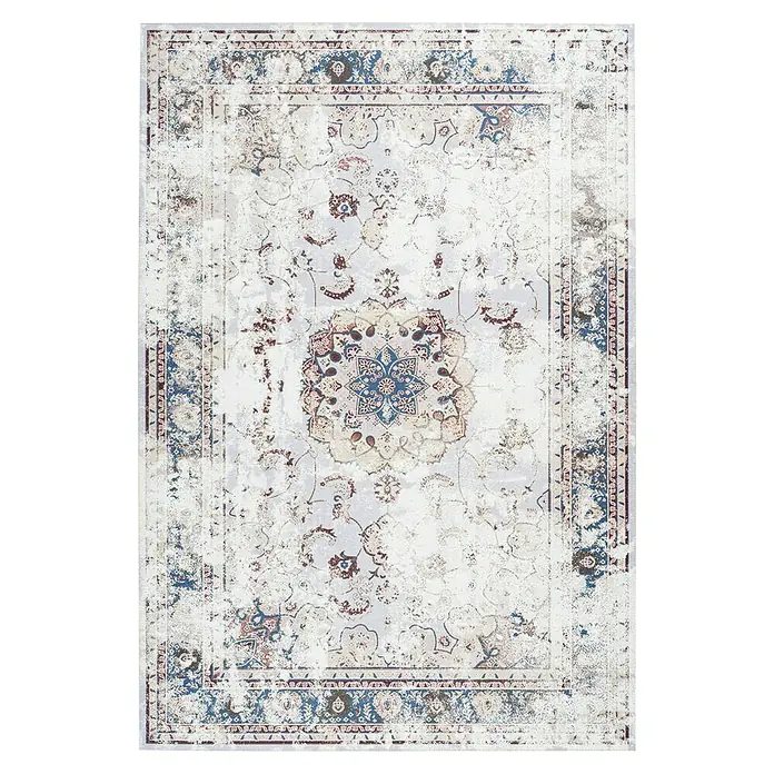 Kayoom Flachgewebeteppich Galaxy - Multi/Blau, 180 x 120 cm, 100 % Polyester - Elegantes Rechteckiger Teppich mit blauem und bordeauxfarbenem Muster auf weißem Grund. Der Teppich hat einen zentralen Stern und florale Bordüren.