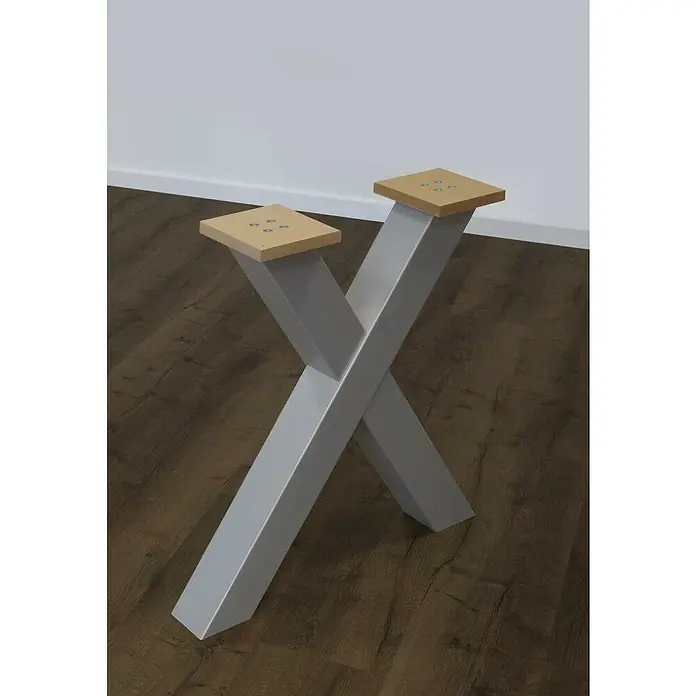 Tischbein - 48,5 x 12 x 67 cm, Stahl, 2 Stk. - Zwei graue X-förmige Tischbeine mit Holzplatten, ideal für individuelle Tischprojekte und moderne Möbeldesigns.