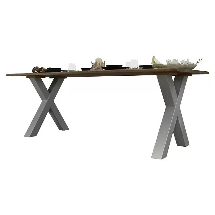 Tischbein - 48,5 x 12 x 67 cm, Stahl, 2 Stk. - Eleganter Holzesstisch mit grauen X-Beinen, gedeckt für ein Abendessen.