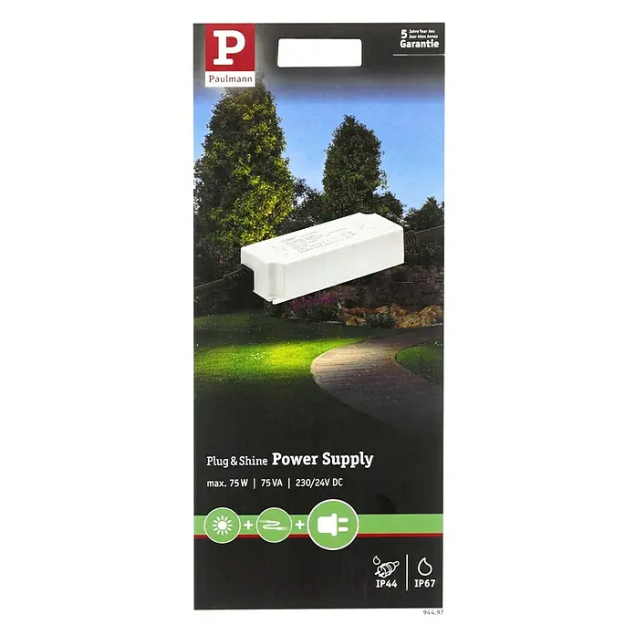 Paulmann Plug & Shine LED-Trafo - Max. Leistung: 75 W, 24 V, Silber, IP67 - Produktverpackung für Paulmann Plug & Shine Stromversorgung mit Gartenszene. 75W, 75VA, 230/24V DC, IP44/IP67 Schutzklasse.