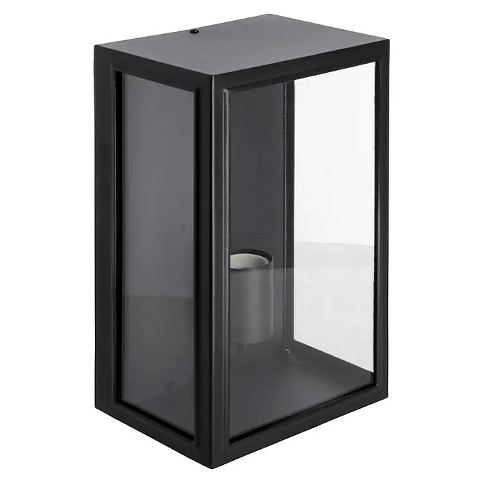 Konstsmide Außenwandleuchte Carpi - 60 W, 13,5 x 18 x 30 cm, Schwarz, IP44 - Eine moderne schwarze Außenwandleuchte mit klaren Glasfenstern, die eine minimalistische Ästhetik und helle Beleuchtung bietet.