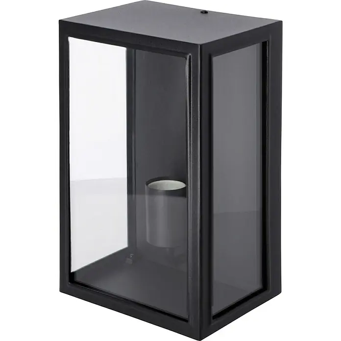 Konstsmide Außenwandleuchte Carpi - 60 W, 13,5 x 18 x 30 cm, Schwarz, IP44 - Schwarze Außenwandleuchte mit klaren Glasscheiben und einem zylindrischen Kerzenhalter im Inneren.