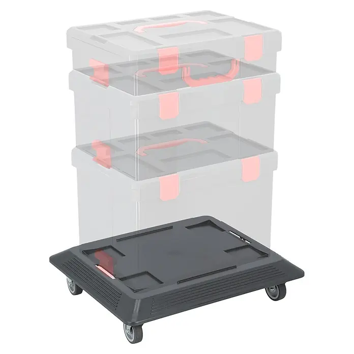 Wisent b-boXx Transportwagen - Passend für: Wisent b-boXx - Schwarzer Rollwagen für Werkzeugkisten, mit transparenten Werkzeugkisten im Hintergrund. Praktisch für den Transport von Werkzeugen.