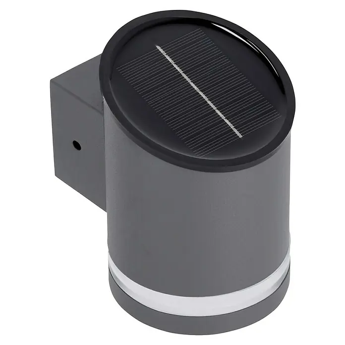 BAUHAUS Solar-Außenwandleuchte - 0,1 W, L x B x H: 12 x 9 x 12,5 cm, Anthrazit, 15 lm - Eine graue LED-Solarwandleuchte mit einem runden Solarpanel oben und einem Streifen aus klarem Glas unten.