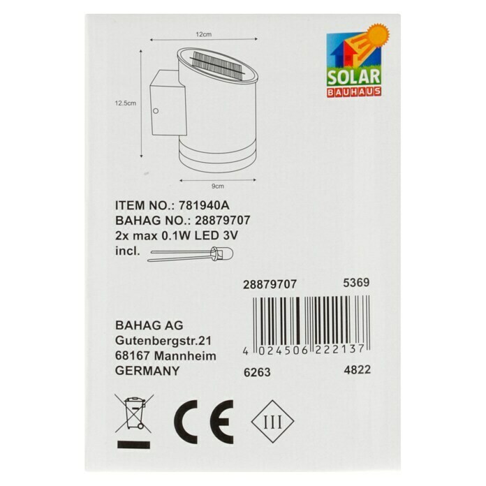 BAUHAUS Solar-wandledlamp voor buiten (12 x 9 x 12,5 cm) | BAUHAUS