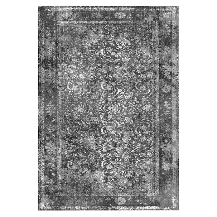 Kayoom Kurzflorteppich Vintage - Anthrazit, 200 x 140 cm, 100 % Polyacryl - Vintage Teppich mit floralem Muster in Grau- und Weißtönen, abgenutzt und verblichen für einen antiken Look. Perfekt für rustikale Einrichtungen.