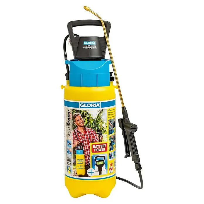 Gloria Drucksprühgerät AutoPump Set mit Batterie-/Akku-Betrieb - 5 l, Mit Tragegurt - Gloria Akku-Drucksprühgerät AutoPump Set 5.0l mit Akku- und Messingdüse für Garten und Pflanzenpflege.