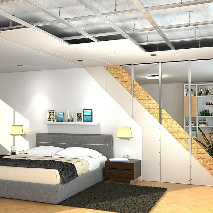 Rigips Gipskartonplatte - 2.000 x 625 x 20 mm - Schlafzimmer mit abgehängter Decke und indirekter Beleuchtung für eine moderne und gemütliche Atmosphäre im Raum.