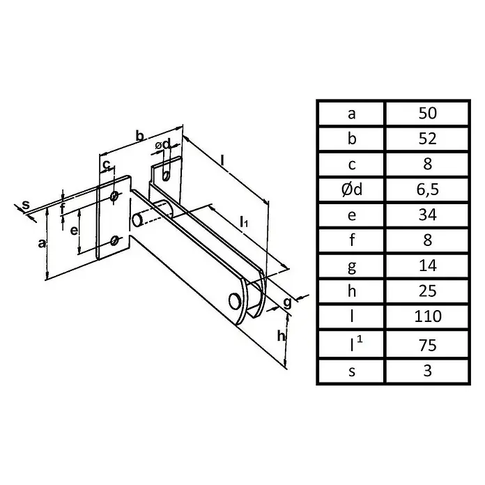 HBS Betz Doppelschienenträger Typ 10 - Stahl, 110 x 52 x 50 mm - Technische Zeichnung eines Winkelblechs mit Maßen. Die Abmessungen sind in einer Tabelle auf der rechten Seite angegeben.