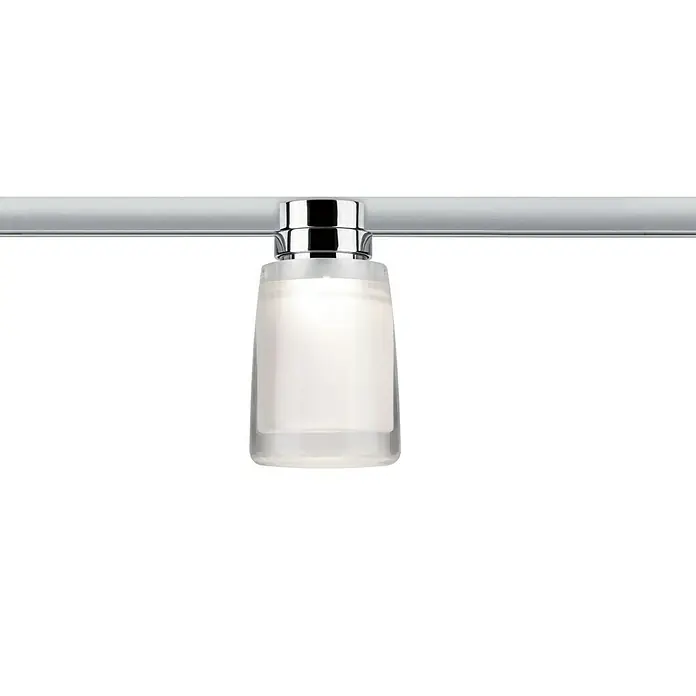 Paulmann URail LED-Spot Safira - 5,2 W, Chrom matt/Transparent/Satin, L x B x H: 8 x 8 x 13,6 cm - Nahaufnahme einer modernen Chrom-Schienenleuchte mit einem zylindrischen, mattierten Glasdiffusor, der ein sanftes, diffuses Licht ausstrahlt.