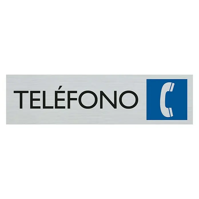 Pickup Rótulo - Plateado, Motivo: Teléfono - Un letrero con la palabra "TELÉFONO" y un símbolo de teléfono azul, que indica un teléfono público.