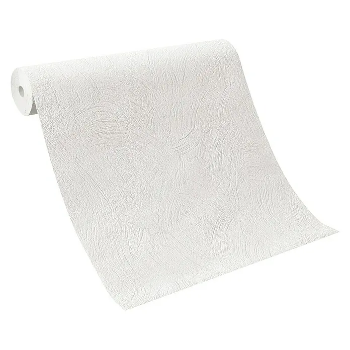 Rasch Vliestapete - Beige/Creme, Uni, 10,05 x 0,53 m, Spachtelstruktur - Nahaufnahme einer Rolle weißer Tapete mit dezenter Textur, ideal für die Wandgestaltung und Raumdekoration.