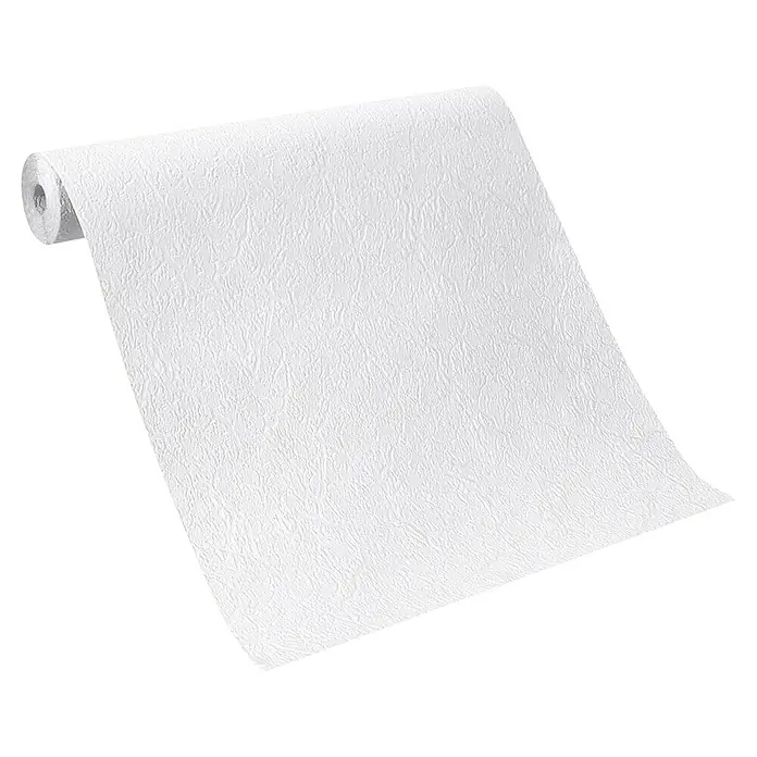 Rasch Papiertapete Aderstruktur - Weiß, Uni, 10,05 x 0,53 m - Nahaufnahme einer weißen, strukturierten Vinyltapete auf einer Rolle, die Textur und Muster des Produkts hervorhebt.