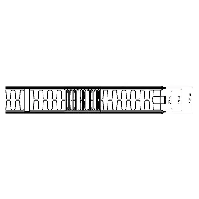 Flachheizkörper - B x H: 1.800 x 300 mm, Wärmeleistung bei Vorlauftemperatur von 75 °C (D: 50): 1.680 W, Typ Heizkörper: 22 - Abbildung eines Heizkörpers mit Maßen. Darstellung eines Heizkörpers mit technischen Maßen für Installation oder Design.