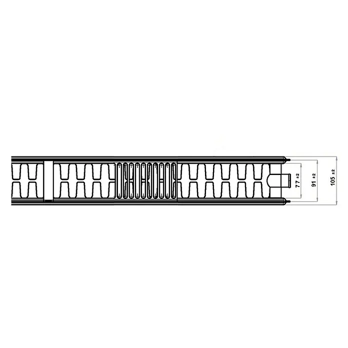 Planheizkörper - B x H: 400 x 900 mm, Wärmeleistung bei Vorlauftemperatur von 75 °C (D: 50): 879,6 W, Typ Heizkörper: 22 - Produktbild eines Elements für den Bau, mit genauen Maßangaben. Es ist ein Querschnitt mit einer Breite von 105 ±2 mm.