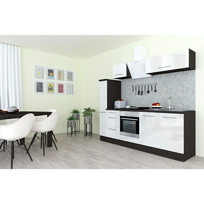 Respekta Premium Composición de cocina (Ancho: 240 cm, Con dispositivos eléctricos, Blanco de alto brillo)