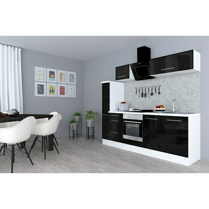 Respekta Premium Composición de cocina (Ancho: 240 cm, Con dispositivos eléctricos, Negro de alto brillo)
