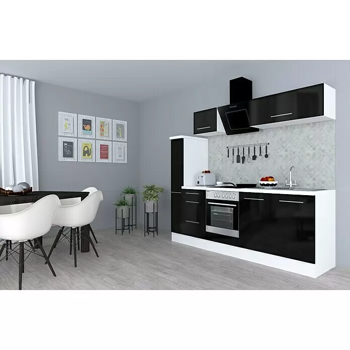 Respekta Premium Composición de cocina Amanda Alto - Ancho: 240 cm, Blanco/Negro, Con electrodomésticos - Conjunto de cocina moderno blanco y negro con electrodomésticos integrados y zona de comedor.