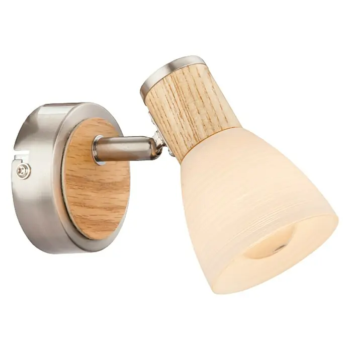 Globo Gylfii Foco de pared - 40 W, Níquel mate, E14 - Primer plano de una lámpara de pared moderna con detalles de madera y una elegante pantalla cónica.