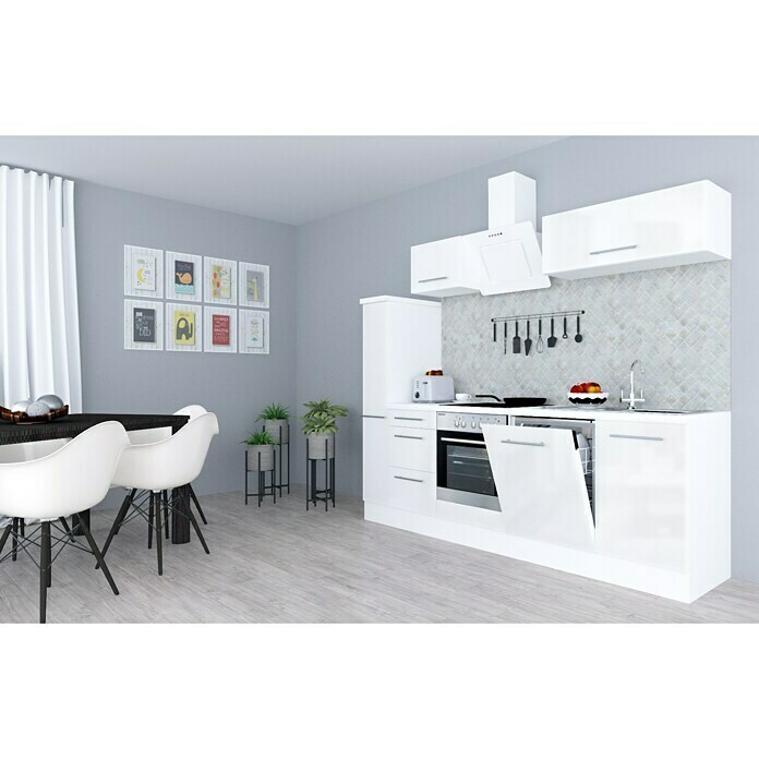 Respekta Premium Composición de cocina (Ancho: 250 cm, Con dispositivos eléctricos, Blanco de alto brillo)