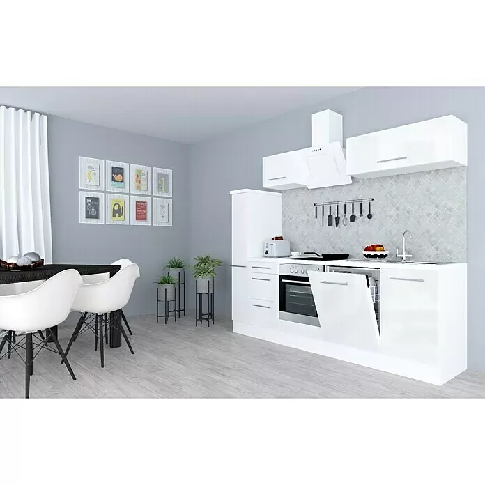 Respekta Premium Composición de cocina Amanda Alto - Ancho: 250 cm, Blanco, Con electrodomésticos - Cocina moderna blanca con armarios brillantes, electrodomésticos integrados incluyendo un lavavajillas abierto y un comedor con sillas blancas.