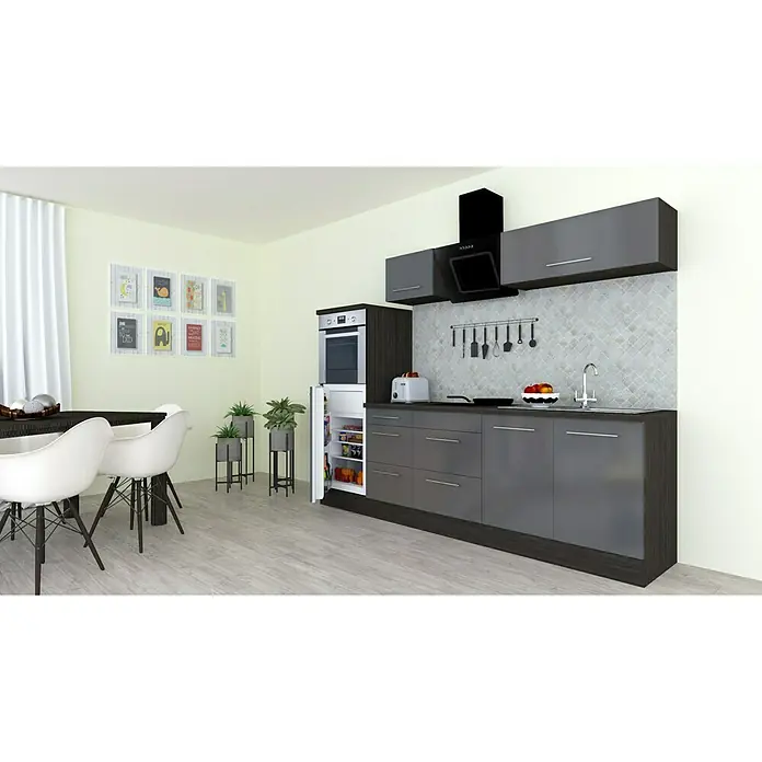 Respekta Premium Küchenzeile RP270HEGBO - Breite: 270 cm, Grau, Mit Elektrogeräten - Eine moderne Küche mit grauen Schränken, einem eingebauten Kühlschrank und einem Essbereich. Das Küchendesign ist stilvoll und funktional.
