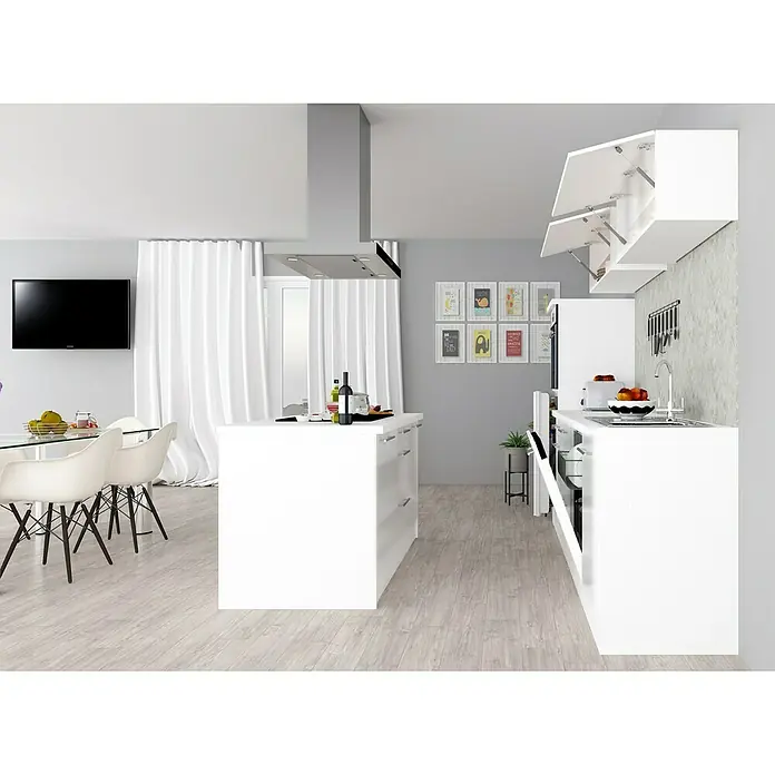 Respekta Premium Inselküche RP280IWWCBO - Breite: 280 cm, Weiß, Mit Elektrogeräten - Ein helles Küchendesign mit weißen Küchenschränken, einer Kücheninsel und modernen Geräten, die eine elegante und funktionale Raumlösung bieten.