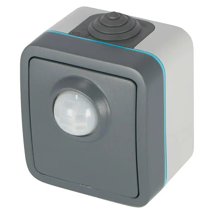 Voltomat Blueline Sensor-Schalter - Grau, Matt, 1-fach, Ausrichtung Schalterprogramm: Horizontal, Aufputzmontage, Schutzart: IP54 - Nahaufnahme eines grauen Bewegungsmelders mit einem weißen Sensor in der Mitte, ideal für die Außenbeleuchtung.