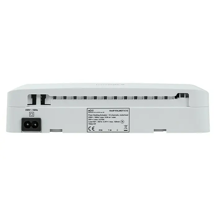 Homematic IP Fußbodenheizungsregler HmIP-FALMOT-C12 - 5,2 x 24,2 x 8,5 cm - Nahaufnahme eines Homematic IP FALMOT-C12 Fußbodenheizungsaktor mit 12 Kanälen, der eine detaillierte Ansicht der Anschlüsse und technischen Daten bietet.