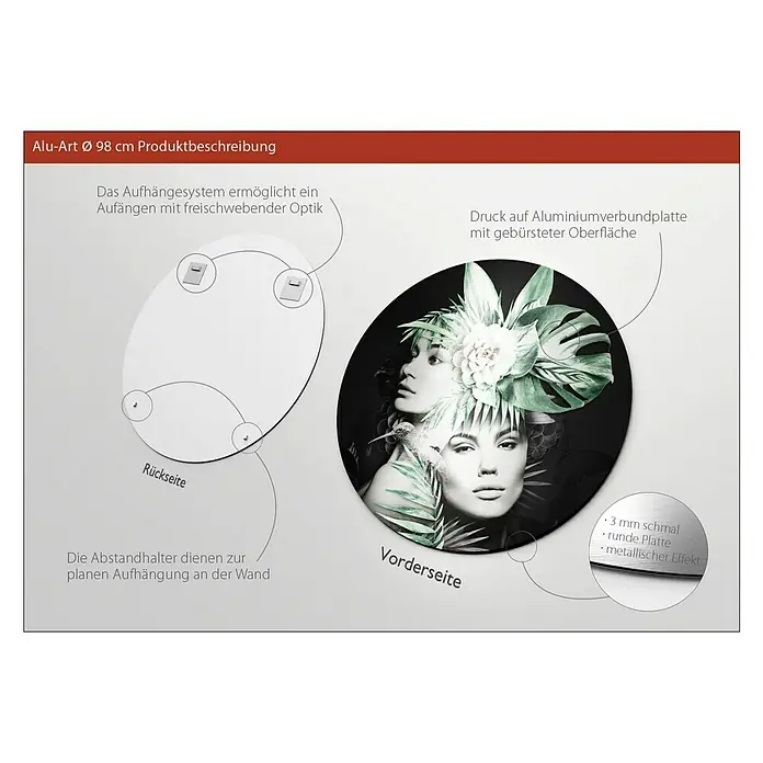 ProArt Bild - Woman & Plants, Durchmesser: 100 cm - Produktbild Alu-Art Ø 98 cm: Die runde Aluminiumverbundplatte mit gebürsteter Oberfläche zeigt eine moderne Frauendarstellung.