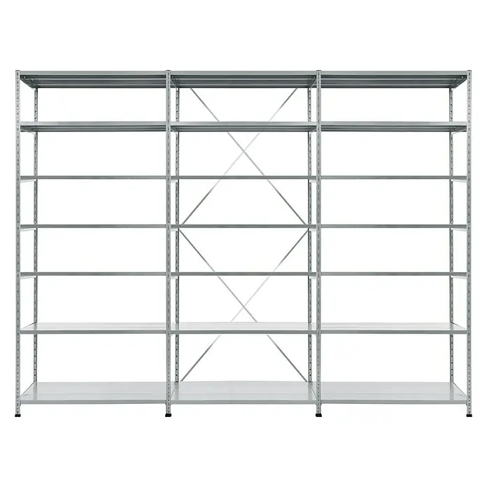 Scholz Metallregal SE - Höhe: 300 cm, B x T: 307 x 60 cm, Traglast pro Boden: 200 kg, Anzahl Böden: 7 Stk., Stecken, Silber - Diese Abbildung zeigt ein stabiles, graues Metallregal mit mehreren Ebenen, ideal für Lagerung und Organisation in verschiedenen Umgebungen.