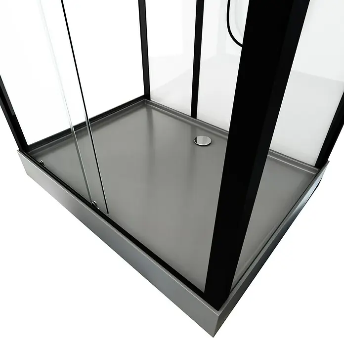 Aurlane Komplettdusche Indus - 115 x 90 x 215 cm, Anthrazit/Silbergrau - Detailaufnahme einer Duschkabine mit schwarzem Rahmen und silberner Duschwanne, die ein modernes Badezimmerdesign zeigt.