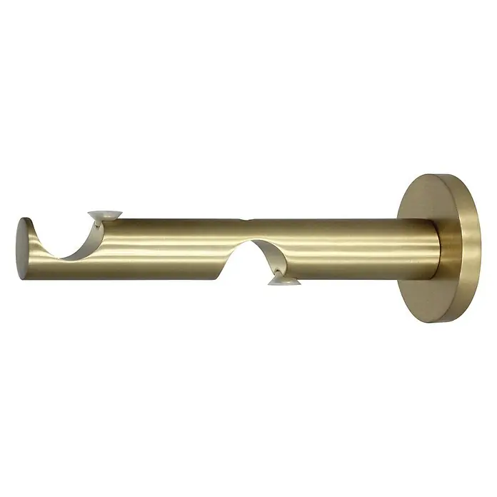 Expo Ambiente Doppelträger Track - Messingoptik matt, Geeignet für: Gardinenstangen Ø 25 mm, Länge: 16,5 cm - Nahaufnahme einer goldenen Doppelvorhangstange mit Wandhalterung, ideal für stilvolle Fensterdekoration.
