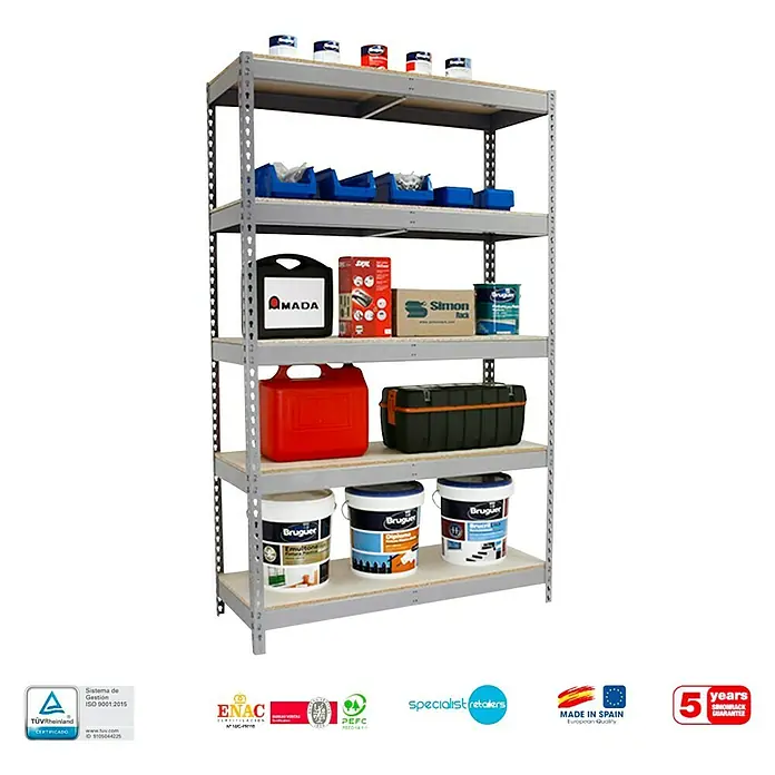 Simonrack Simonforte Estantería para cargas pesadas Chipboard - Al x An x Pr: 200 x 150 x 60 cm, Capacidad de carga por balda: 600 kg, Número de baldas: 5 ud., Inserción, Galvanizado - Estantería metálica gris de cinco niveles con diversas herramientas, contenedores y botes de pintura. Ideal para taller o almacén.