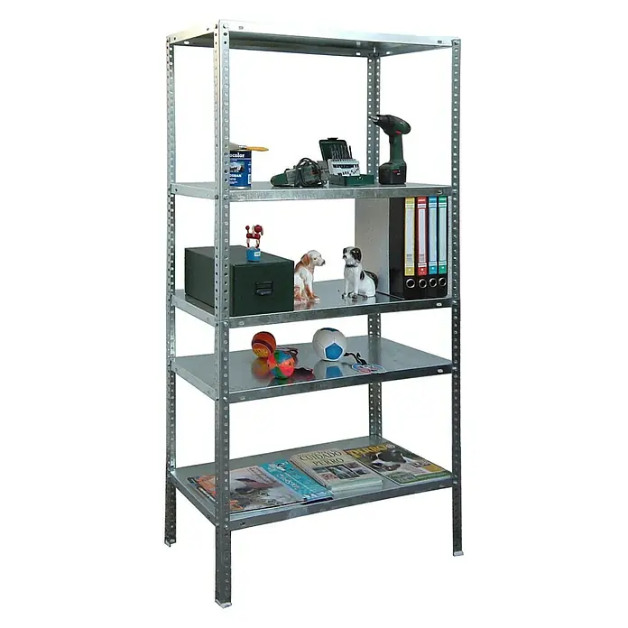 Simonrack Simonclassic Estantería metálica Advantage Plus - Al x An x Pr: 200 x 100 x 40 cm, Capacidad de carga por balda: 75 kg, Número de baldas: 5 ud., Atornillado, Galvanizado - Estantería metálica de cinco niveles llena de herramientas, juguetes, carpetas y revistas. Solución de almacenamiento práctica.