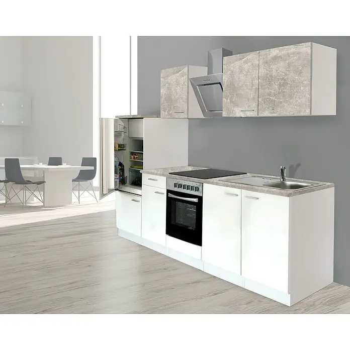 Respekta Composición de cocina Malia bajo - Ancho: 270 cm, Blanco, Gris, Con electrodomésticos - Cocina blanca moderna con encimeras y muebles altos grises texturizados, horno, vitrocerámica y fregadero integrados.