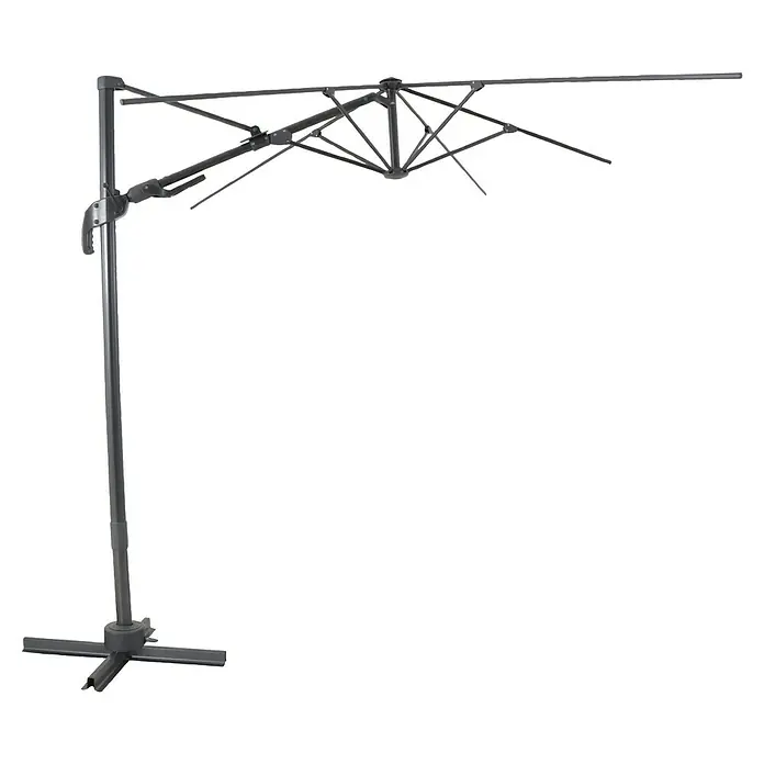 Sunfun Ampelschirmgestell Capri - 200 x 250 cm - Aufnahme des Gestells eines freistehenden Sonnenschirms, der Schatten und Schutz im Freien bietet.\n
