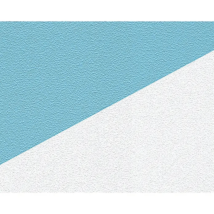 Atlantis Protect Vliestapete Sprenkelputz II - Weiß, Uni, 10,05 x 0,53 m - Eine Nahaufnahme einer strukturierten Wand mit einer diagonalen Linie, die sie in einen hellblauen und einen weißen Bereich teilt.