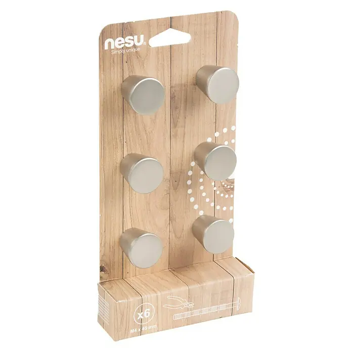 Nesu Pomo para muebles 34725 6 uds. - 6 ud., Ø x Al: 25 x 25 mm, Acero - La imagen muestra un paquete de seis pomos de muebles NESU en un diseño simple, perfecto para muebles modernos.