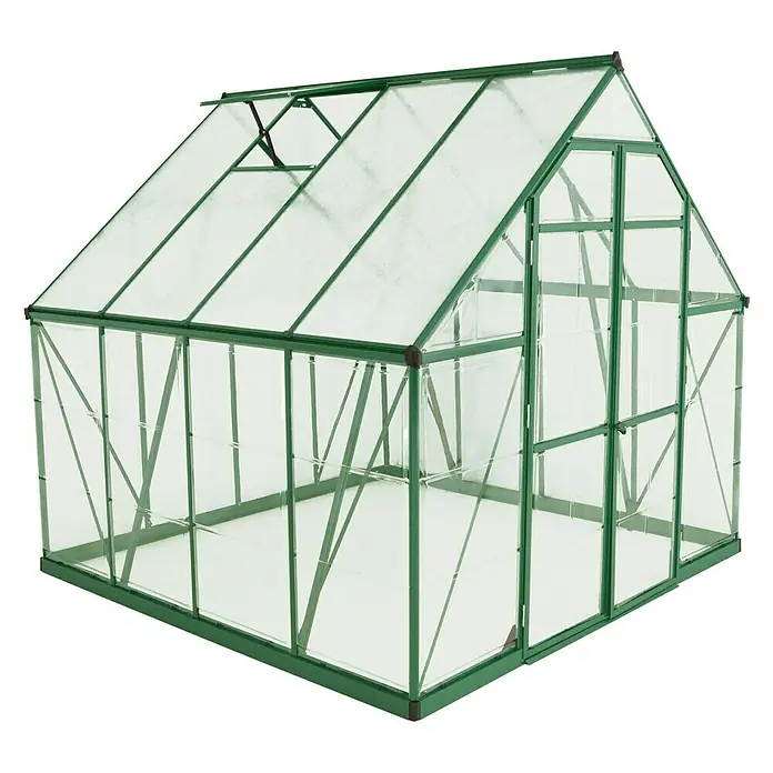 Palram – Canopia Gewächshaus Balance - Außenmaß inkl. Dachüberstand (B x T): 244 x 247 cm, 0,7 mm, Grün - Bild eines Gewächshauses mit grünen Rahmen und klaren Paneelen, ideal für den Garten.