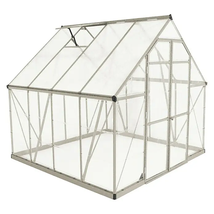 Palram – Canopia Gewächshaus Balance - Außenmaß inkl. Dachüberstand (B x T): 244 x 247 cm, 0,7 mm, Silber - Nahaufnahme eines Gewächshauses mit Aluminiumrahmen und durchscheinenden Paneelen, ideal für den Garten.
