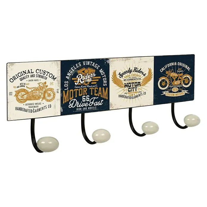 Nesu Garderobenleiste Motor - L x B x H: 400 x 155 x 70 mm, Anzahl Haken: 4 Stk. - Wandgarderobe mit Motorrad-Motiv, inklusive vier Haken mit runden, elfenbeinfarbenen Knöpfen für Jacken oder Accessoires.