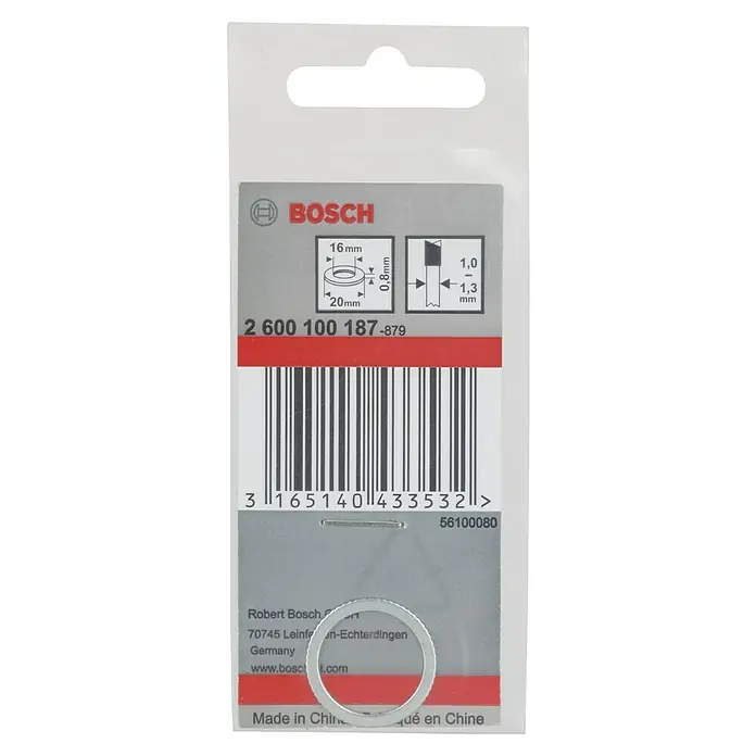 Bosch Reduzierring - Durchmesser: 20 mm, Bohrung: 16 mm, Stärke: 0,8 mm - Produktverpackung einer Bosch Unterlegscheibe, Abmessungen und Barcode sind auf der grauen Verpackung abgebildet.
