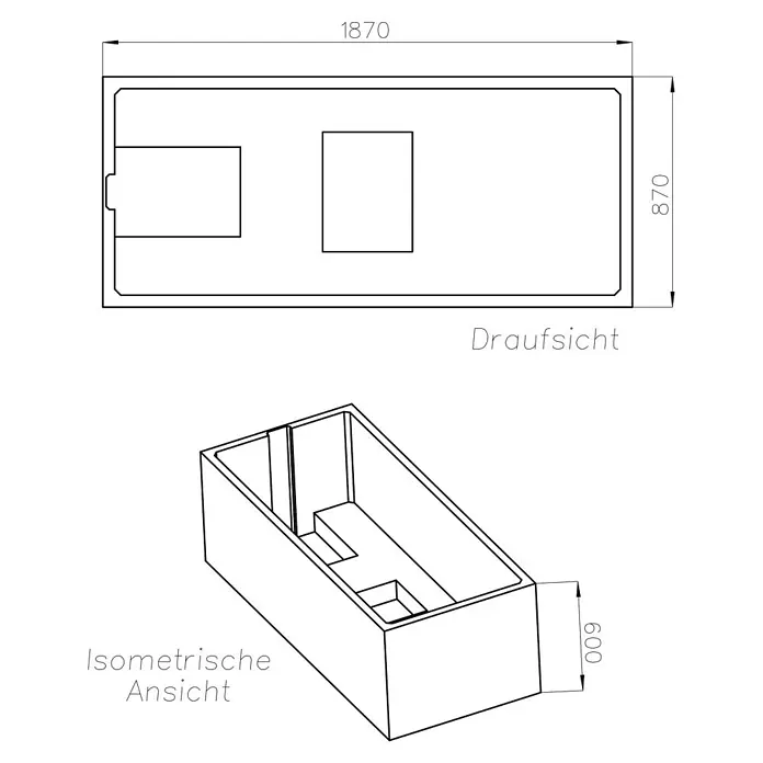 Ottofond Badewannenträger Santos - Passend für: Badewanne Santos 190 x 90 cm - Zeichnung einer Badewanne mit den Maßen 1870 x 870 x 600 mm, Draufsicht und isometrische Ansicht.