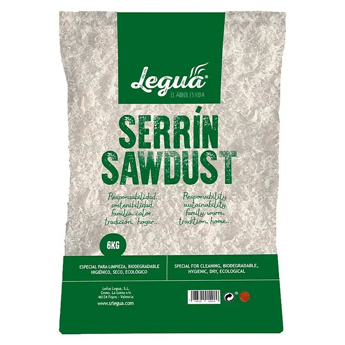 Legua Serrín - Masa neta: 6 kg - Imagen de un saco de 6 kg de Legua Serrín Sawdust, un producto para la limpieza, biodegradable y sostenibilidad ecológica.