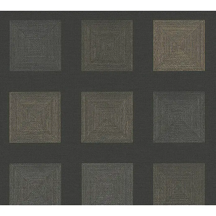 A.S. Création Ethnic Origin Vliestapete Quadrate - Metallic/Schwarz, Grafisch, 10,05 x 0,53 m - Abstraktes Tapetenmuster mit verschachtelten Quadraten in Grau- und Goldtönen für eine stilvolle Wandgestaltung.