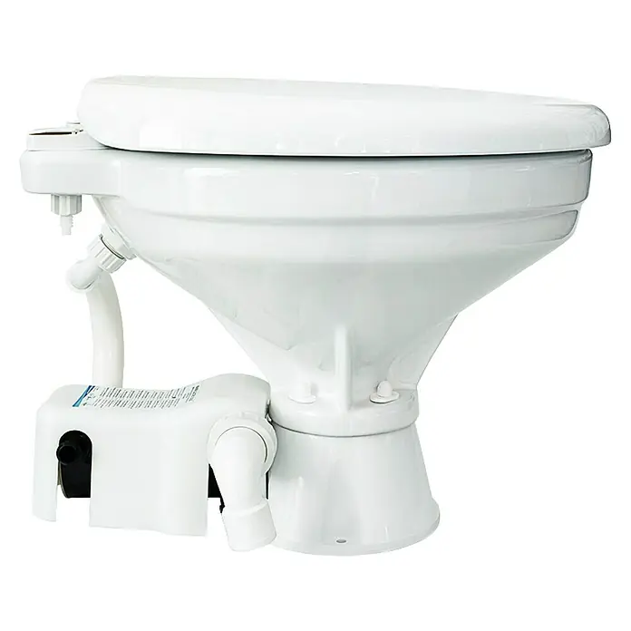 Albin Pump Bordtoilette Standard Elektro EVO Comfort 12V - L x B x H: 49 x 34 x 47 cm, Keramik - Eine Nahaufnahme einer weißen Marinetoilette, die sich ideal für Boote oder Wohnmobile eignet und Komfort und Funktionalität bietet.