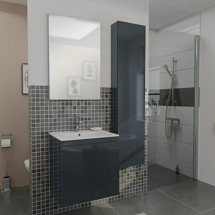 Camargue Espacio Badmöbel-Set i5 - 100 cm, Gama anthrazit glänzend - Ein modernes Badezimmer mit einem dunkelblauen Waschtisch, einem hochglänzenden Spiegelschrank und einer begehbaren Dusche.