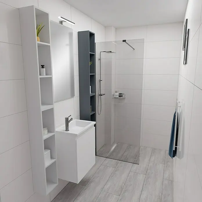 Camargue Espacio Badmöbel-Set H52 - 90 cm, Gama weiß matt - Ein helles Badezimmer mit weißem Waschtisch, Spiegel und Regal neben einer begehbaren Dusche. Moderne Badezimmerausstattung für ein stilvolles Ambiente.